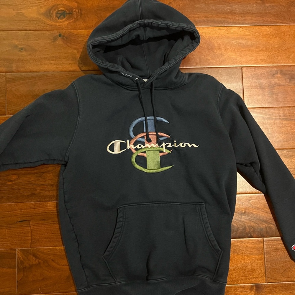 Supreme X Champion FW17 Navy Stacked C Hooded Sweatshirt Hoodie